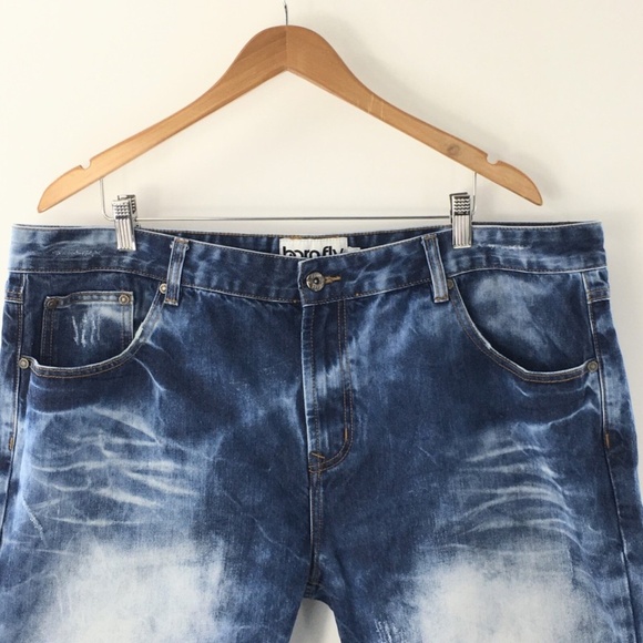 Born Fly Mens Jean Shorts Factory Fading Raw Hem Fringe Distressed Blue Sz 42 - Picture 2 of 11